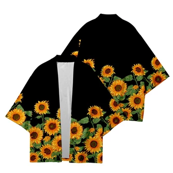 Tradicionālo Haori Sievietes Vīrieši Harajuku Japāņu Yukata Tērpu Modes Kimono Streetwear Saulespuķu Drukāt Cosplay Jaciņa Krekls