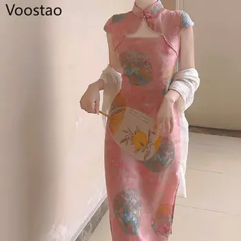 Vasaras Ķīniešu Stilā Sievietēm Salds Ziedu Cheongsam Kleita Tradicionālo Elegants Retro Sexy Dobi No Vakara Puse Qipao Kleitas