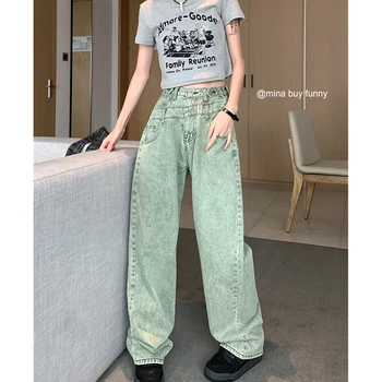 Sieviešu Džinsi ar Augstu Jostas Vintage Taisni Baggy Džinsa Bikses Streetwear Gaiši Zaļš Elegants Dizains Modes Plaša Kāju Džinsa Bikšu