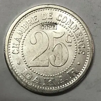 1920 Senegāla 25 Santīmu sudraba pārklājumu kopēt monētas