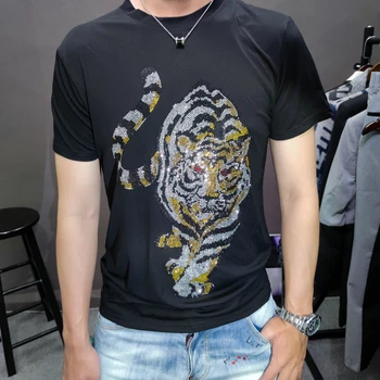 Vasaras Tiger Rhinestones T-krekls Vīriešiem O-veida Kakla Slim Īsām Piedurknēm T Vīriešiem Social Club Tērpiem, Tendence Modes Zīmola Vīriešu T