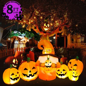 8FT Garu Halloween Inflatables, Ķirbju ar Cute Spoku, Raganu Cepurē Āra Halloween Puse Rotājumi Build-in LED Uzspridzināt Rotaļlietas