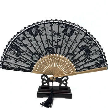 Ķīniešu Stila Dekoratīvas Bambusa Fani, Mežģīnes Auduma, Zīda Locīšanas Rokas Deju Fani Ziedu Puse Kāzu Balli