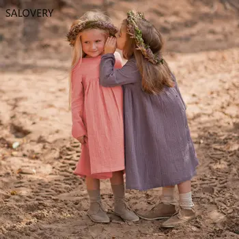 Jaunā Pavasara Rudens Bērniem, Drēbes Tīras Kokvilnas Retro Girl Dress Bērnu Bērni Gadījuma un Ērts garām Piedurknēm Pogu uz Leju Kleitas