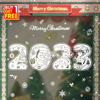 Pērkat 1 Get 1 Bezmaksas Jauno gadu 2023 Priecīgus Ziemassvētkus Rotājumus Stikls Logu Uzlīmes Bērnu Istabas Santa Sienas Decal Mājas Puse Dekori
